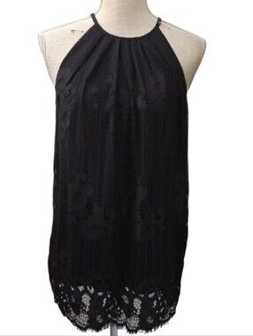 Sophie Max Black Lace Halter Top with Scalloped Lace Hem